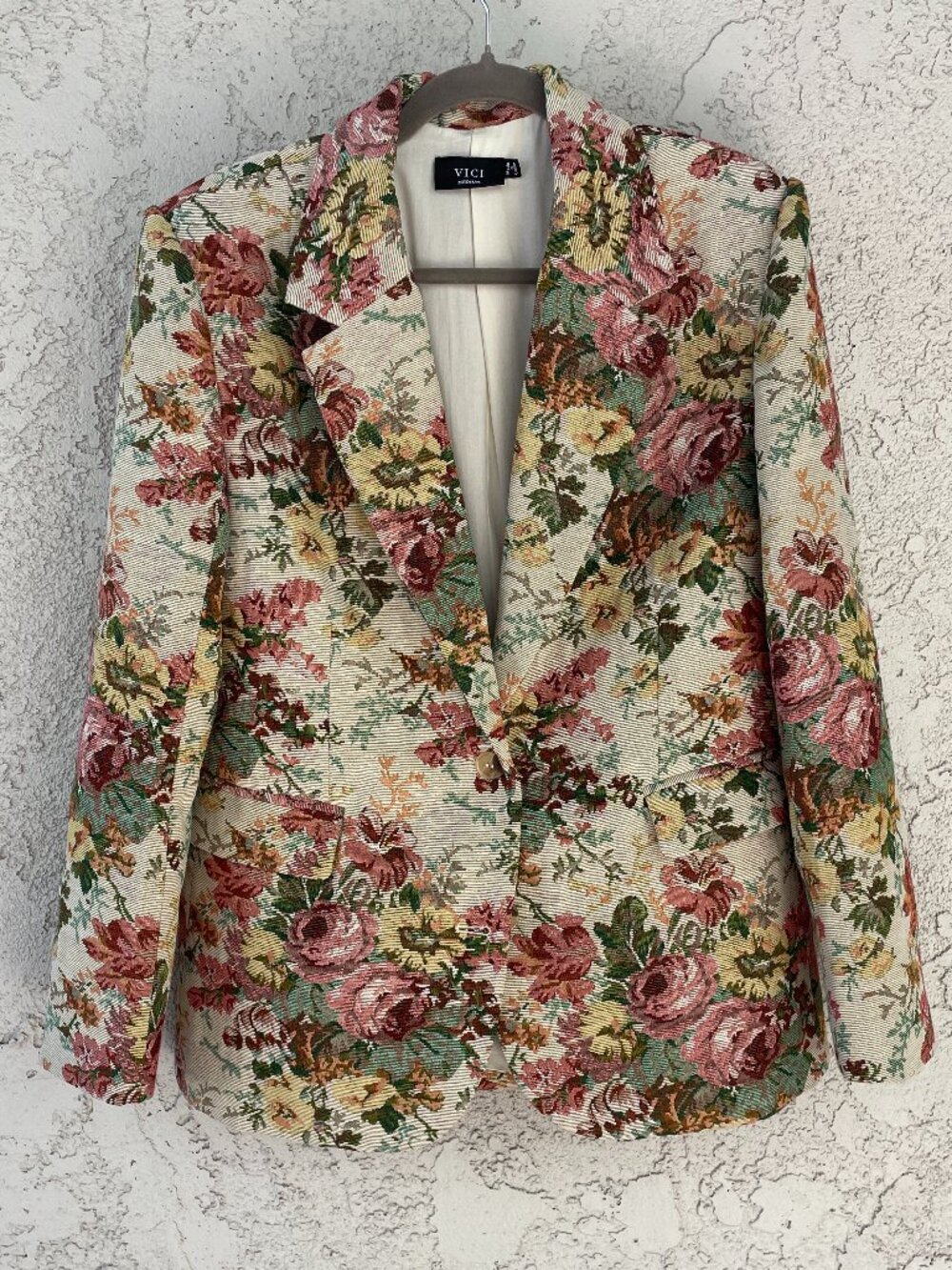 Vici Poppy Kiss Floral Tapestry Blazer M Taupe Multi Cottagecore Academia